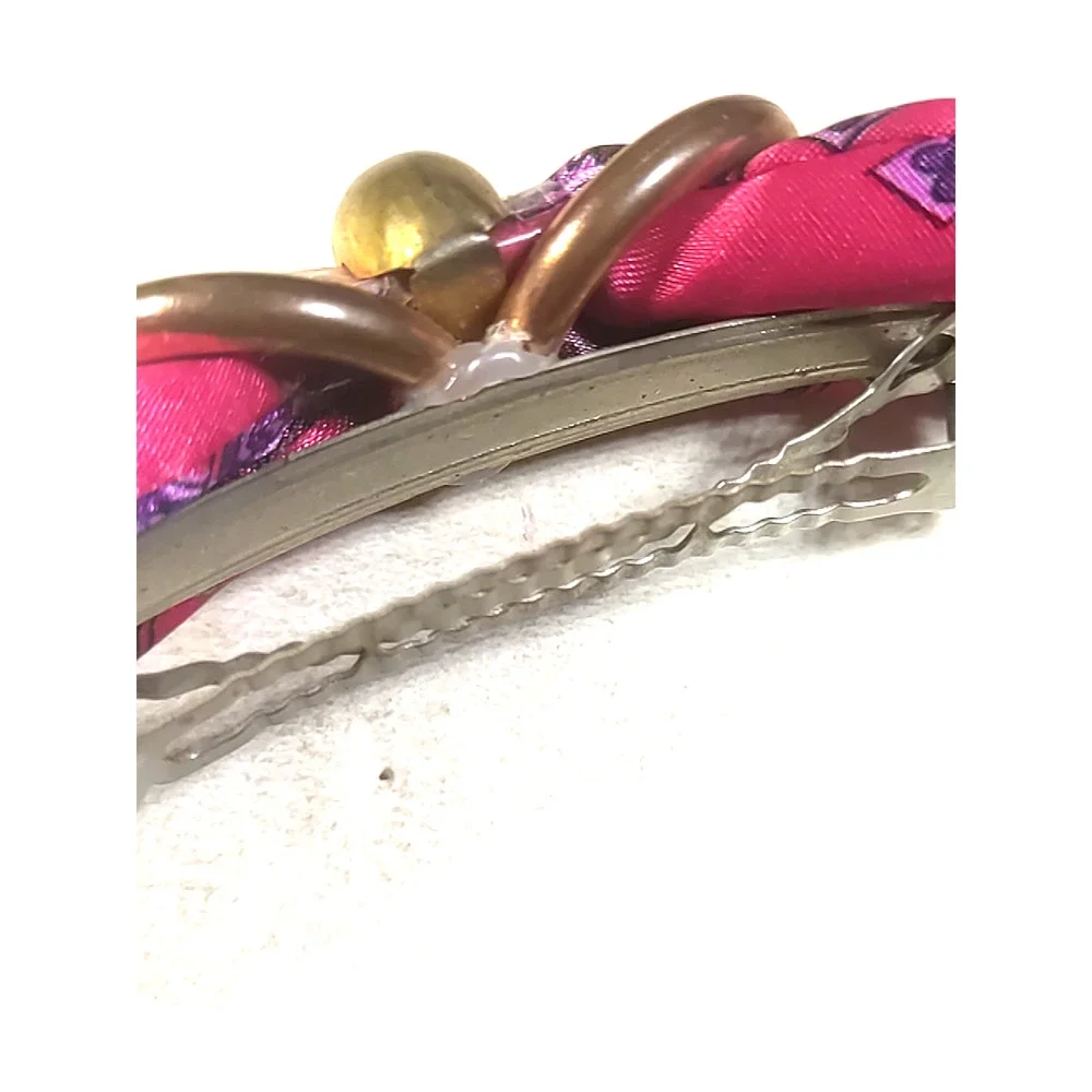 Home Made Hair Barrette Tension Clip Faux Pearls Gold Tone Red